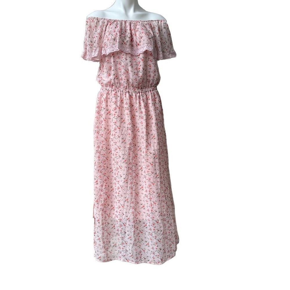 Bongo Womens Maxi Dress Floral Off Shoulder Elastic Waist Lace Trim Pink Size XL